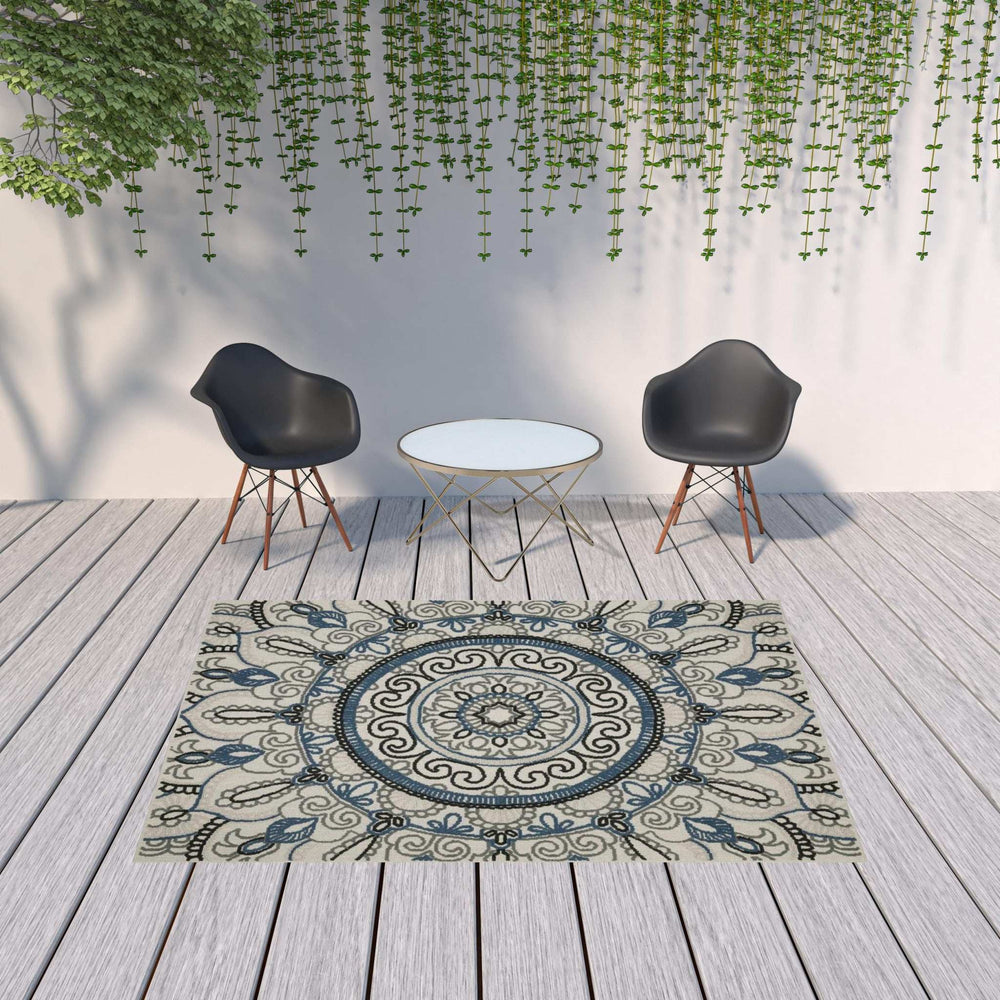 7' X 9' Blue and Beige Geometric Stain Resistant Indoor Outdoor Area Rug - Homeroots - Flyclothing LLC