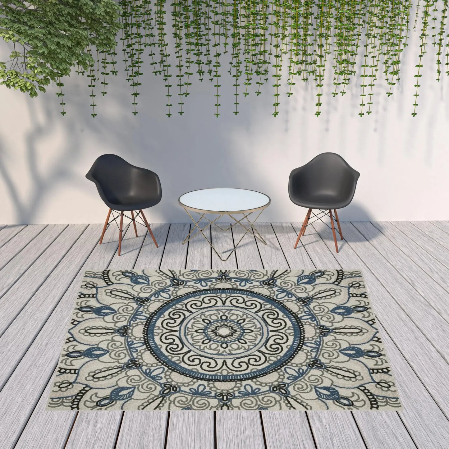 8' X 10' Blue and Beige Geometric Stain Resistant Indoor Outdoor Area Rug - Homeroots - Flyclothing LLC
