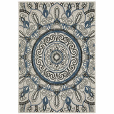 8' X 10' Blue and Beige Geometric Stain Resistant Indoor Outdoor Area Rug