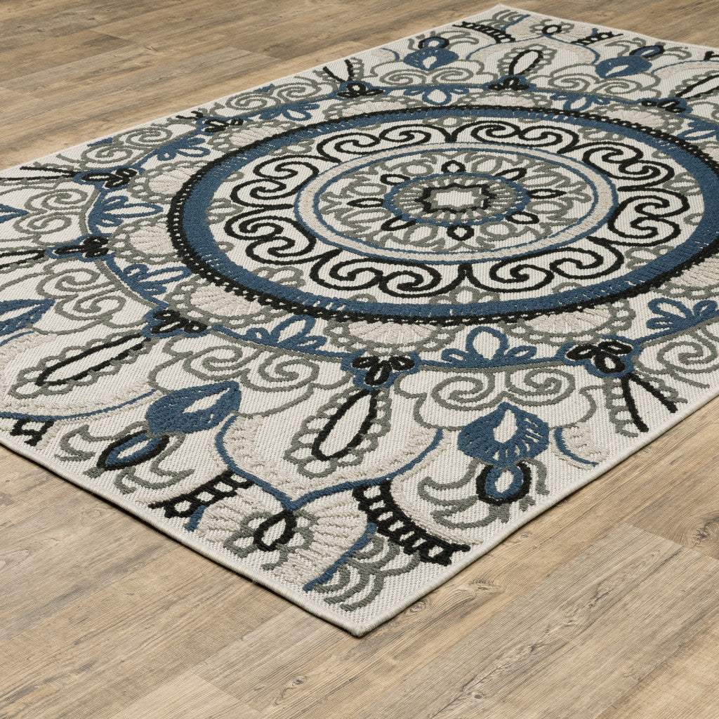 8' X 10' Blue and Beige Geometric Stain Resistant Indoor Outdoor Area Rug - Homeroots - Flyclothing LLC