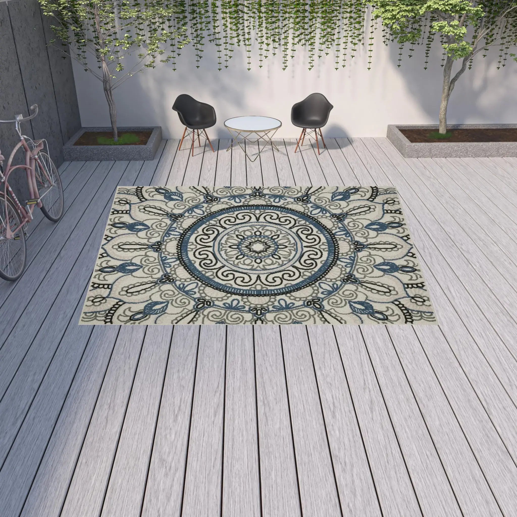 10' X 13' Blue and Beige Geometric Stain Resistant Indoor Outdoor Area Rug - Homeroots - Flyclothing LLC
