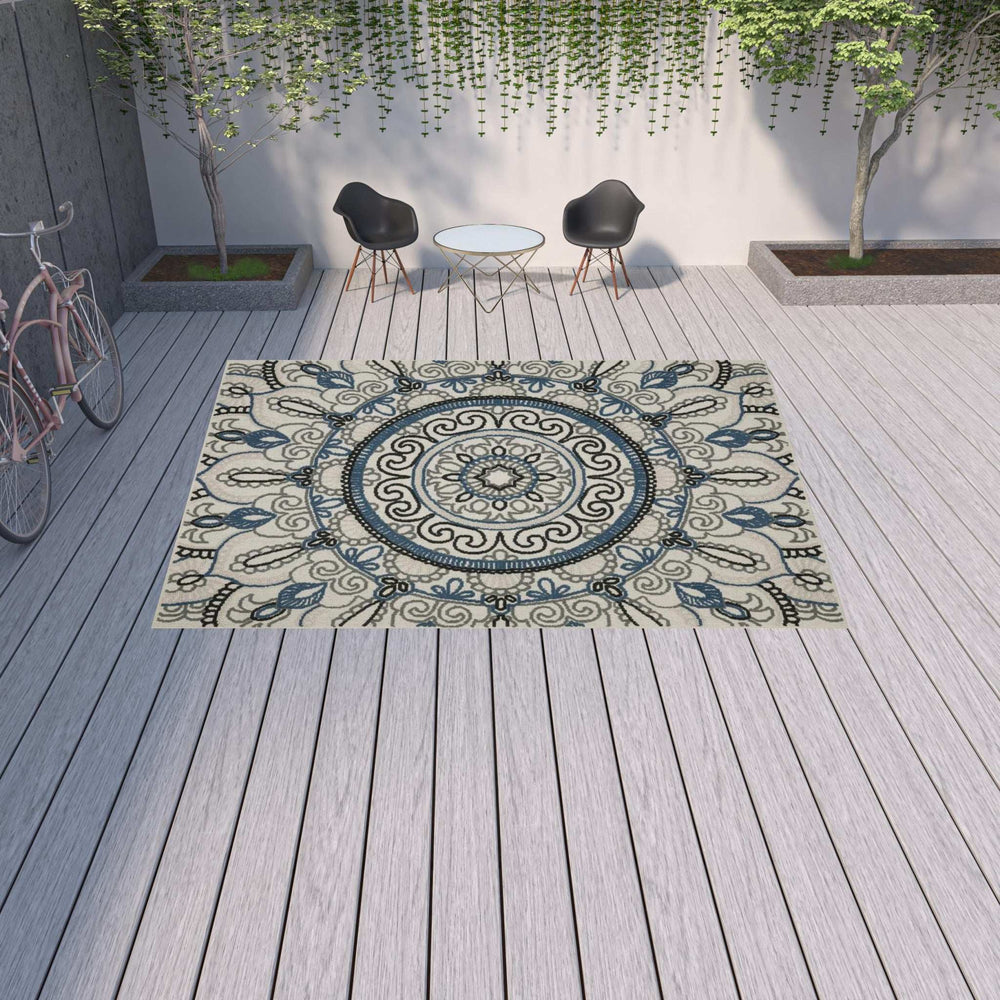 10' X 13' Blue and Beige Geometric Stain Resistant Indoor Outdoor Area Rug - Homeroots - Flyclothing LLC