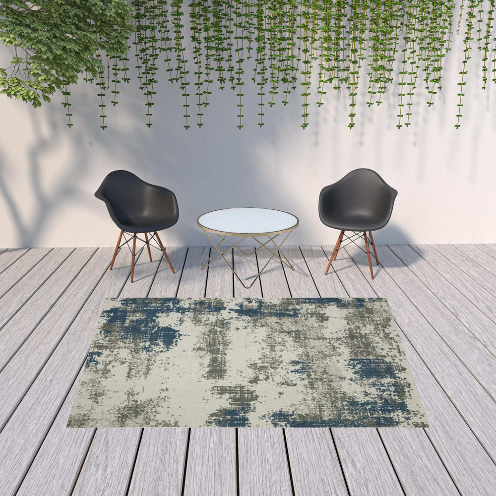7' X 9' Blue and Beige Abstract Stain Resistant Indoor Outdoor Area Rug - Homeroots - Flyclothing LLC