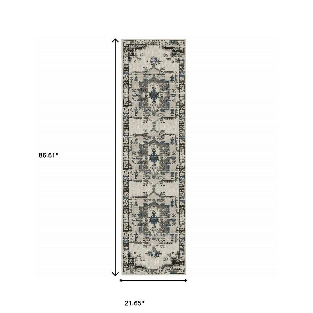 2' X 7' Blue and Beige Oriental Stain Resistant Indoor Outdoor Area Rug - Homeroots - Flyclothing LLC