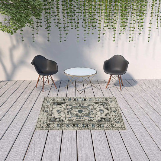5' X 7' Blue and Beige Oriental Stain Resistant Indoor Outdoor Area Rug - Homeroots - Flyclothing LLC