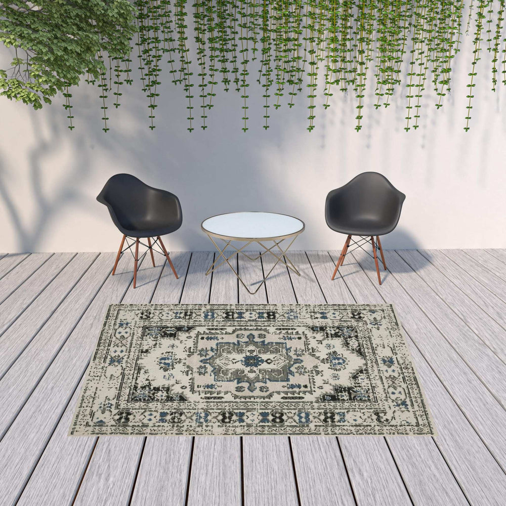 7' X 9' Blue and Beige Oriental Stain Resistant Indoor Outdoor Area Rug - Homeroots - Flyclothing LLC
