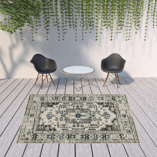 8' X 10' Blue and Beige Oriental Stain Resistant Indoor Outdoor Area Rug - Homeroots - Flyclothing LLC