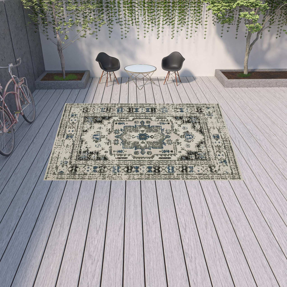 10' X 13' Blue and Beige Oriental Stain Resistant Indoor Outdoor Area Rug - Homeroots - Flyclothing LLC