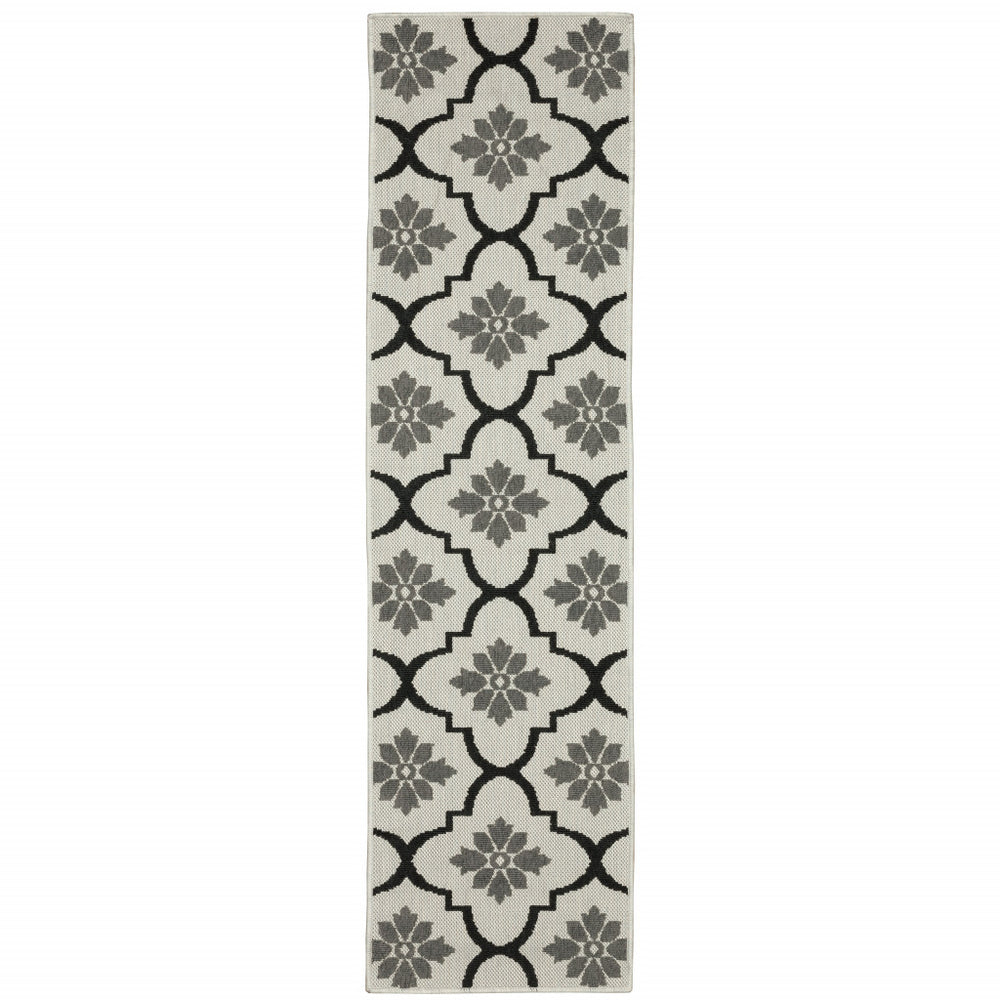 2' X 7' Beige and Black Geometric Stain Resistant Indoor Outdoor Area Rug - Homeroots