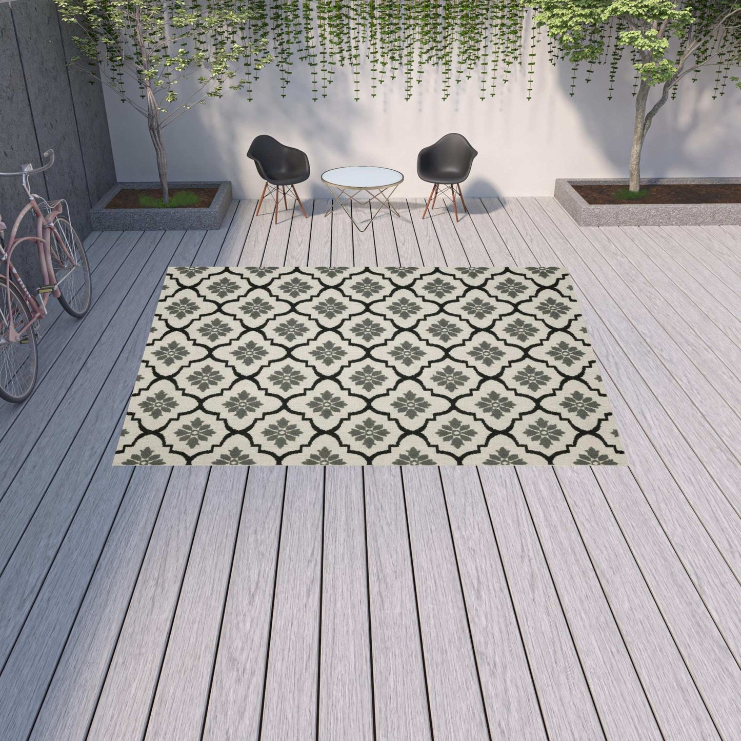 10' X 13' Beige and Black Geometric Stain Resistant Indoor Outdoor Area Rug - Homeroots - Flyclothing LLC