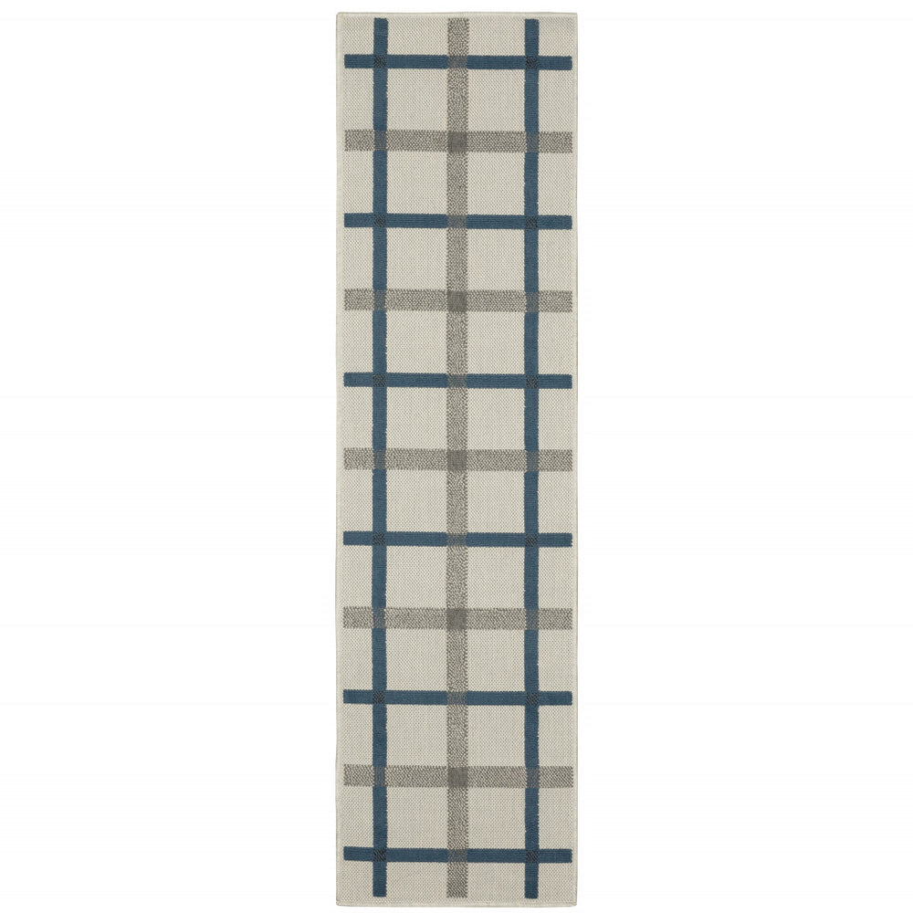 2' X 7' Blue and Beige Geometric Stain Resistant Indoor Outdoor Area Rug