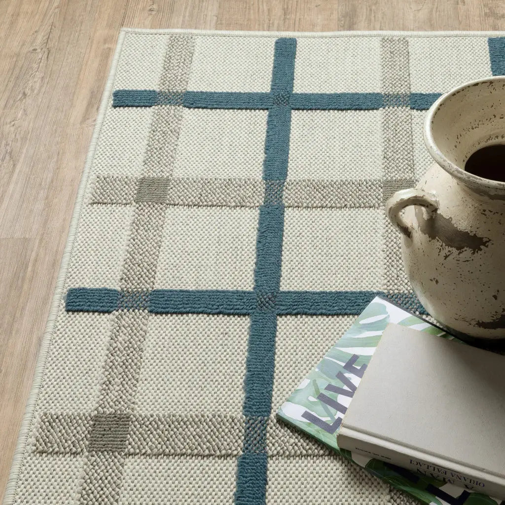 2' X 7' Blue and Beige Geometric Stain Resistant Indoor Outdoor Area Rug - Homeroots - Flyclothing LLC