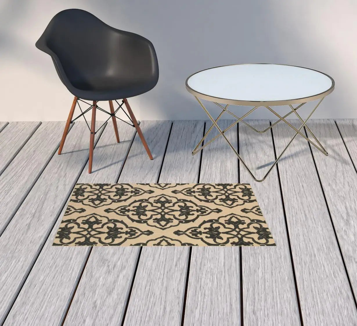 2' X 3' Beige and Black Oriental Stain Resistant Indoor Outdoor Area Rug - Homeroots - Flyclothing LLC