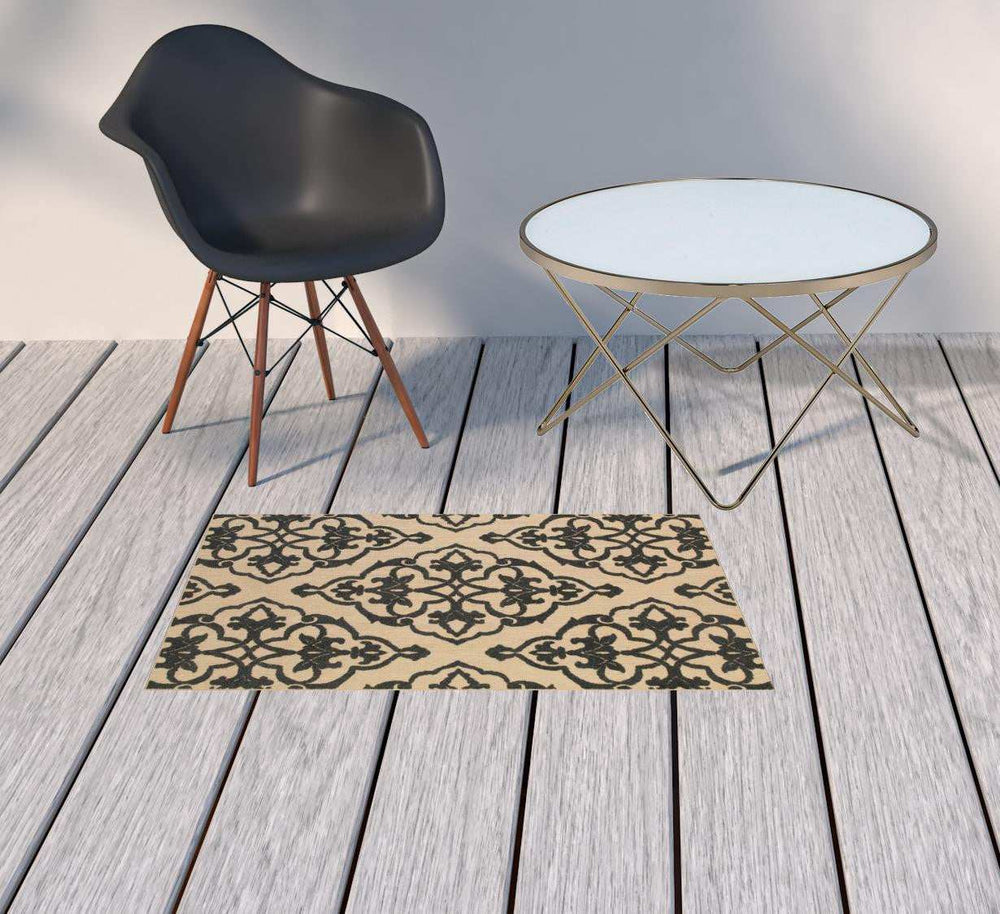 2' X 3' Beige and Black Oriental Stain Resistant Indoor Outdoor Area Rug - Homeroots - Flyclothing LLC