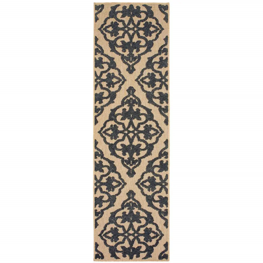 2' X 8' Beige and Black Oriental Stain Resistant Indoor Outdoor Area Rug - Homeroots - Flyclothing LLC