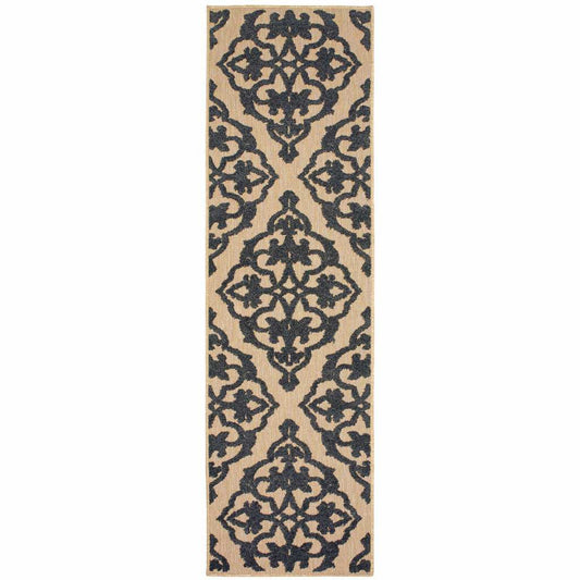 2' X 8' Beige and Black Oriental Stain Resistant Indoor Outdoor Area Rug - Homeroots - Flyclothing LLC