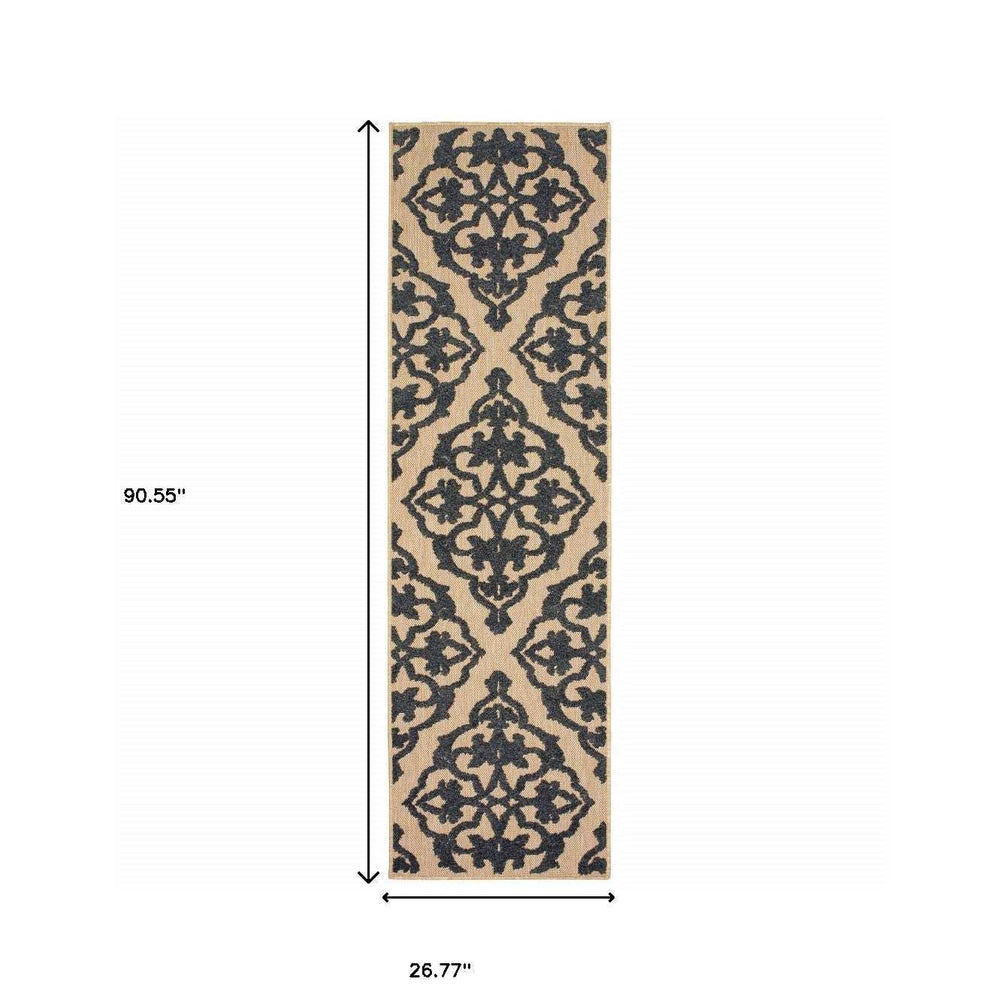 2' X 8' Beige and Black Oriental Stain Resistant Indoor Outdoor Area Rug - Homeroots - Flyclothing LLC