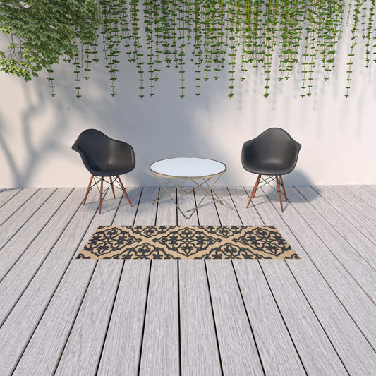 2' X 8' Beige and Black Oriental Stain Resistant Indoor Outdoor Area Rug - Homeroots - Flyclothing LLC