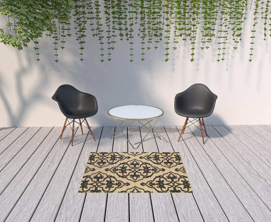4' X 5' Beige and Black Oriental Stain Resistant Indoor Outdoor Area Rug - Homeroots - Flyclothing LLC