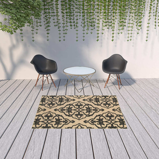 5' X 8' Beige and Black Medallion Stain Resistant Indoor Outdoor Area Rug - Homeroots - Flyclothing LLC