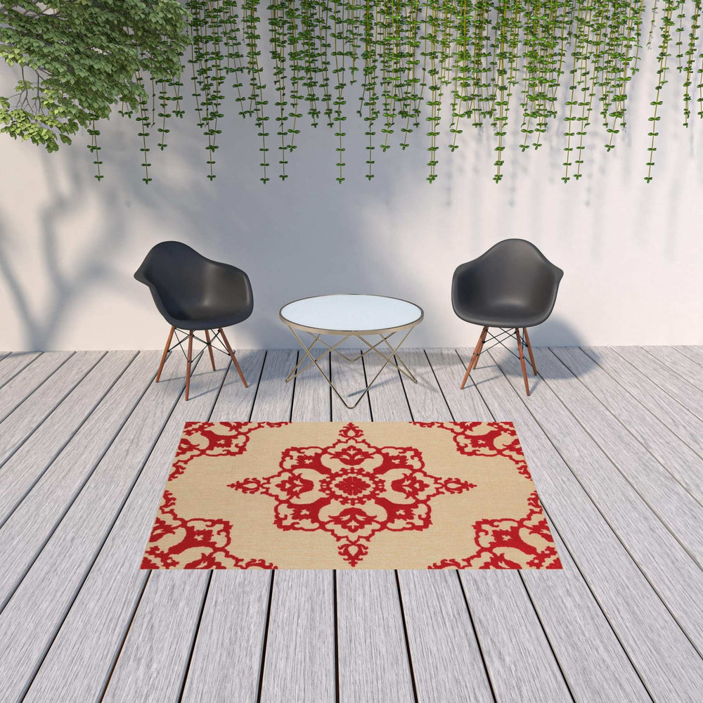 5' X 8' Red Oriental Stain Resistant Indoor Outdoor Area Rug - Homeroots - Flyclothing LLC