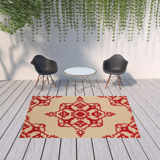 7' X 10' Red Oriental Stain Resistant Indoor Outdoor Area Rug - Homeroots - Flyclothing LLC