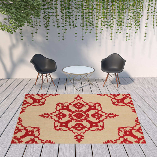8' X 11' Red Oriental Stain Resistant Indoor Outdoor Area Rug - Homeroots - Flyclothing LLC