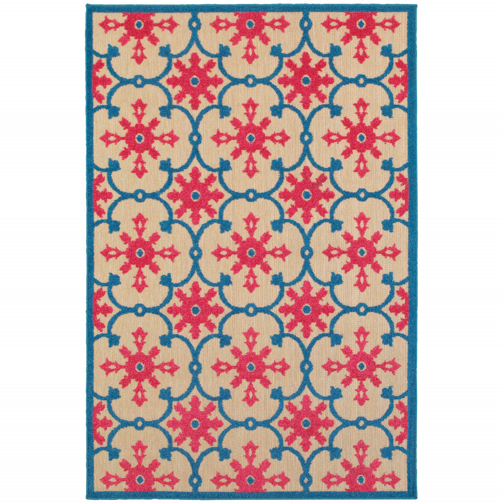 2' X 3' Blue and Beige Oriental Stain Resistant Indoor Outdoor Area Rug