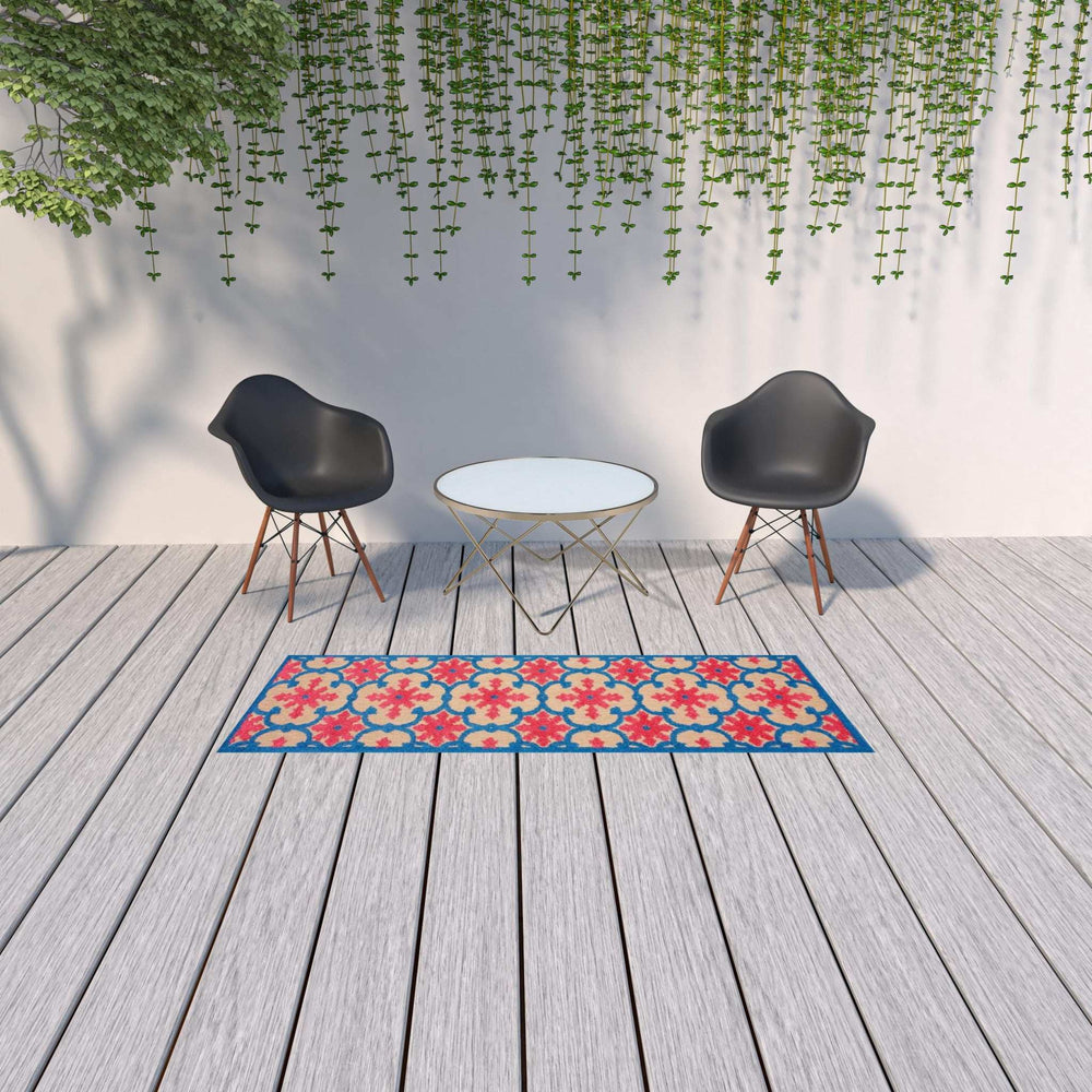 2' X 8' Blue and Beige Oriental Stain Resistant Indoor Outdoor Area Rug - Homeroots - Flyclothing LLC