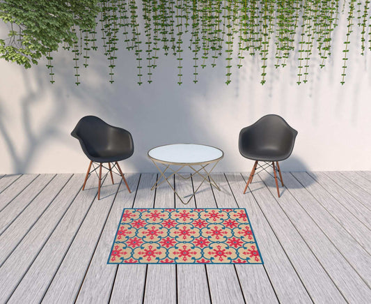 4' X 5' Blue and Beige Oriental Stain Resistant Indoor Outdoor Area Rug - Homeroots - Flyclothing LLC