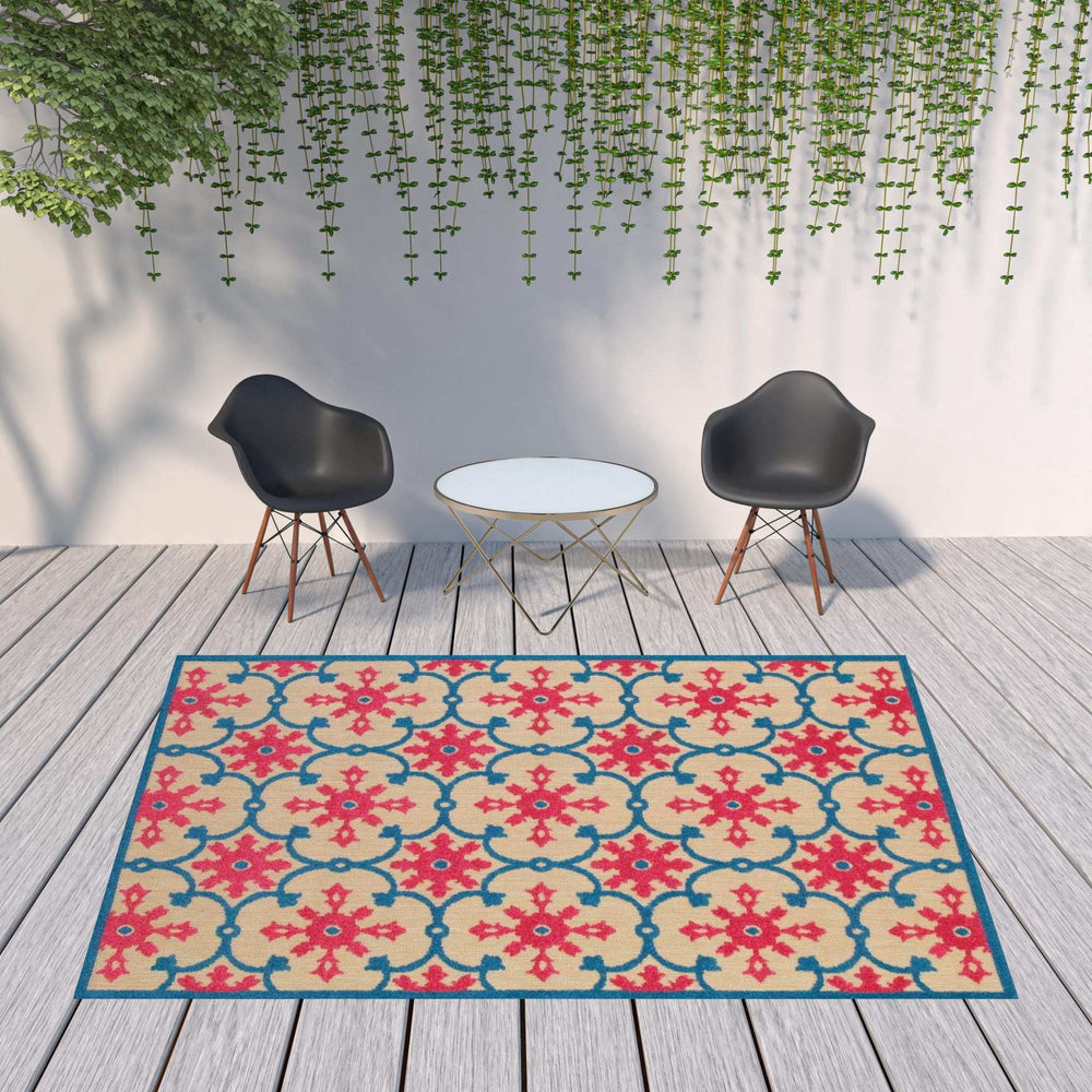 8' X 11' Blue and Beige Oriental Stain Resistant Indoor Outdoor Area Rug - Homeroots - Flyclothing LLC