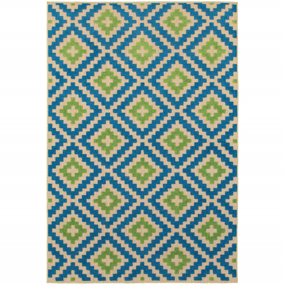 2' X 3' Blue and Beige Geometric Stain Resistant Indoor Outdoor Area Rug