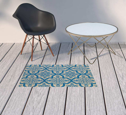 2' X 3' Blue and Beige Oriental Stain Resistant Indoor Outdoor Area Rug - Homeroots - Flyclothing LLC