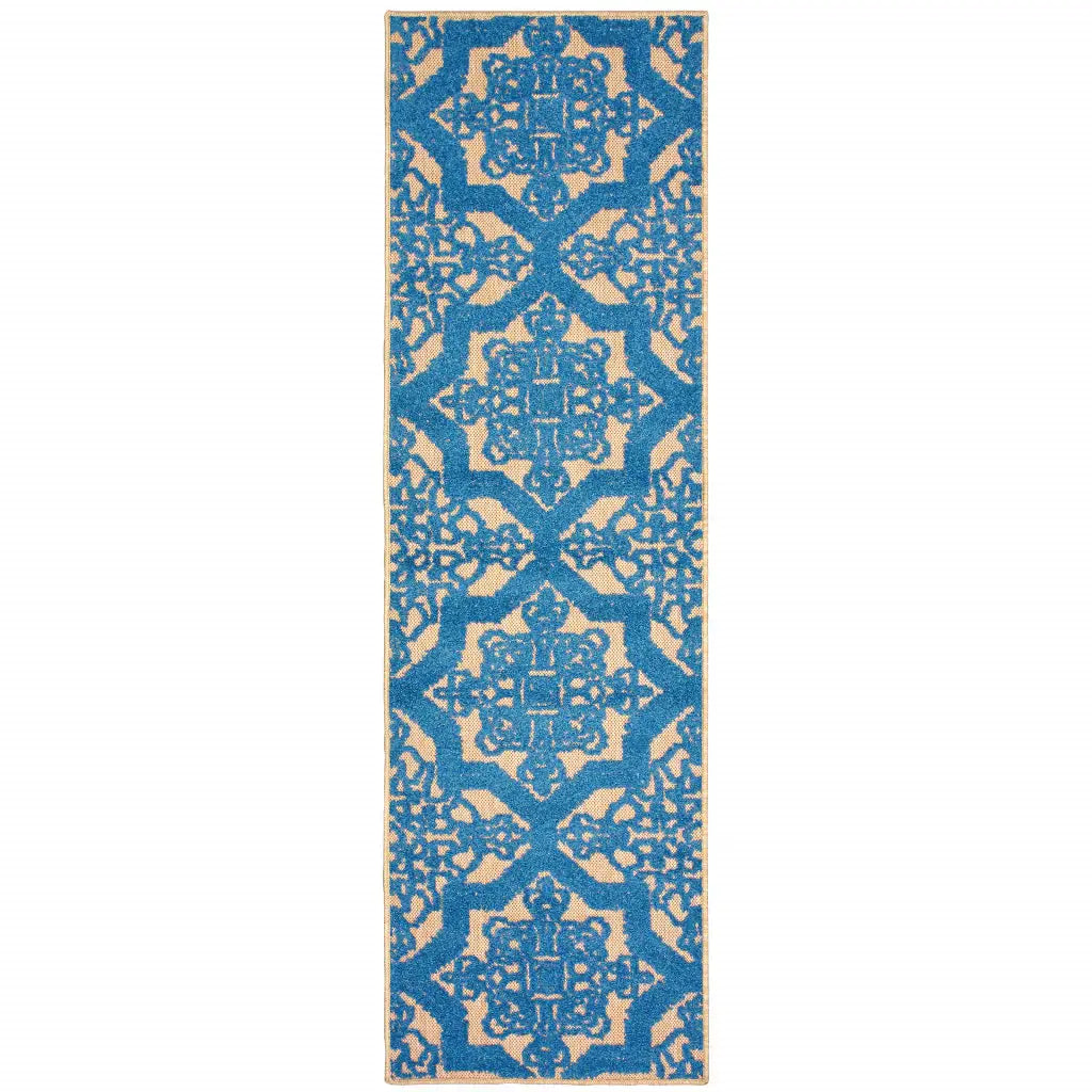 2' X 8' Blue and Beige Oriental Stain Resistant Indoor Outdoor Area Rug - Homeroots - Flyclothing LLC