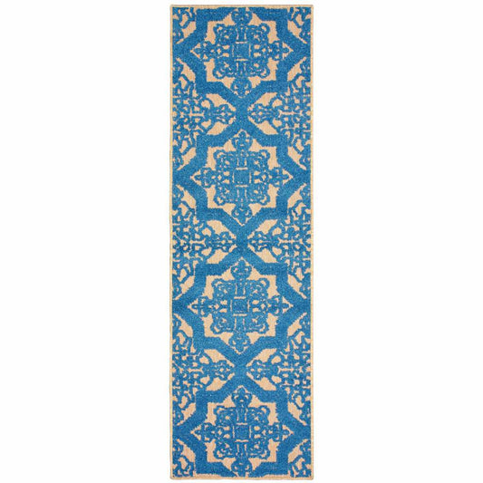 2' X 8' Blue and Beige Oriental Stain Resistant Indoor Outdoor Area Rug - Homeroots - Flyclothing LLC