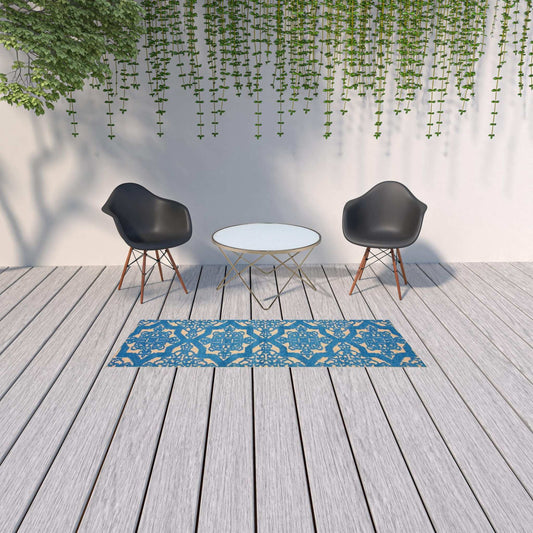 2' X 8' Blue and Beige Oriental Stain Resistant Indoor Outdoor Area Rug - Homeroots - Flyclothing LLC