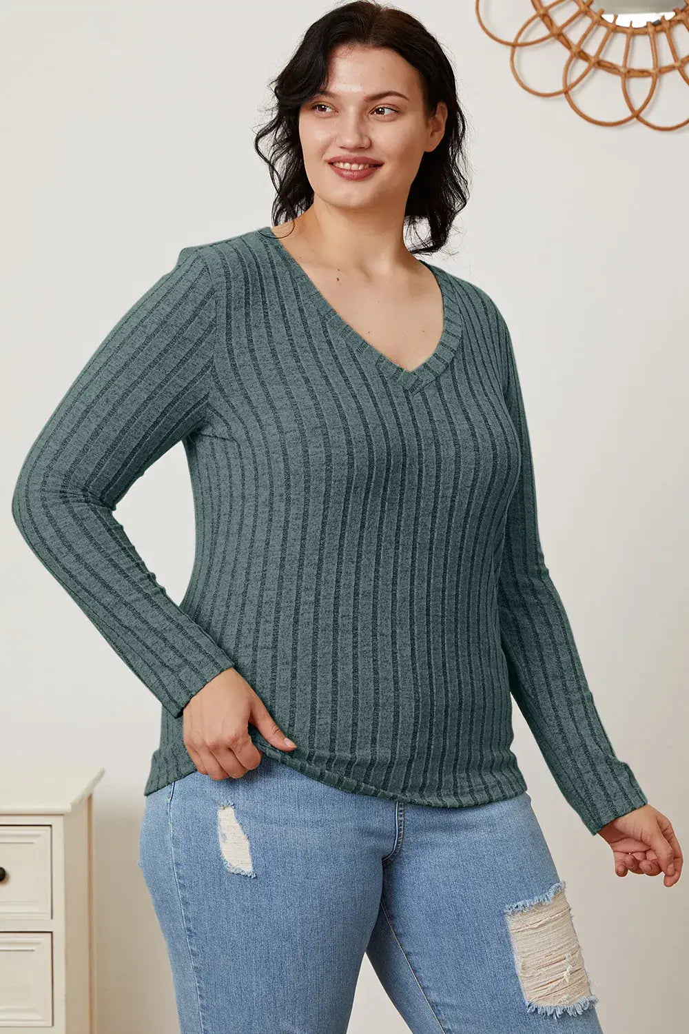 Basic Bae Full Size Ribbed V-Neck Long Sleeve T-Shirt - ShopBasicbae - Flyclothing LLC
