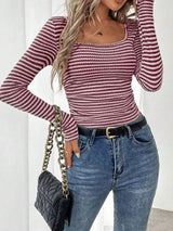 Striped Square Neck Long Sleeve T-Shirt - Trendsi - Flyclothing LLC