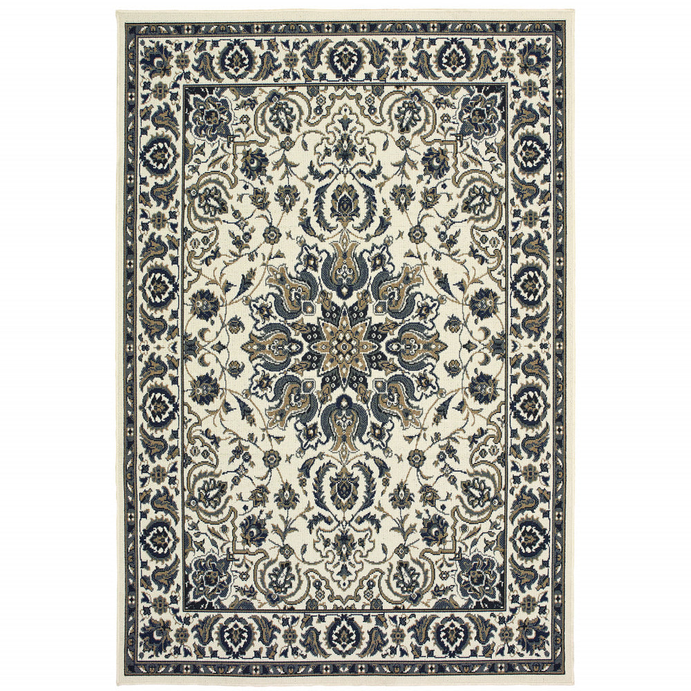 2' X 4' Ivory and Blue Oriental Stain Resistant Indoor Outdoor Area Rug
