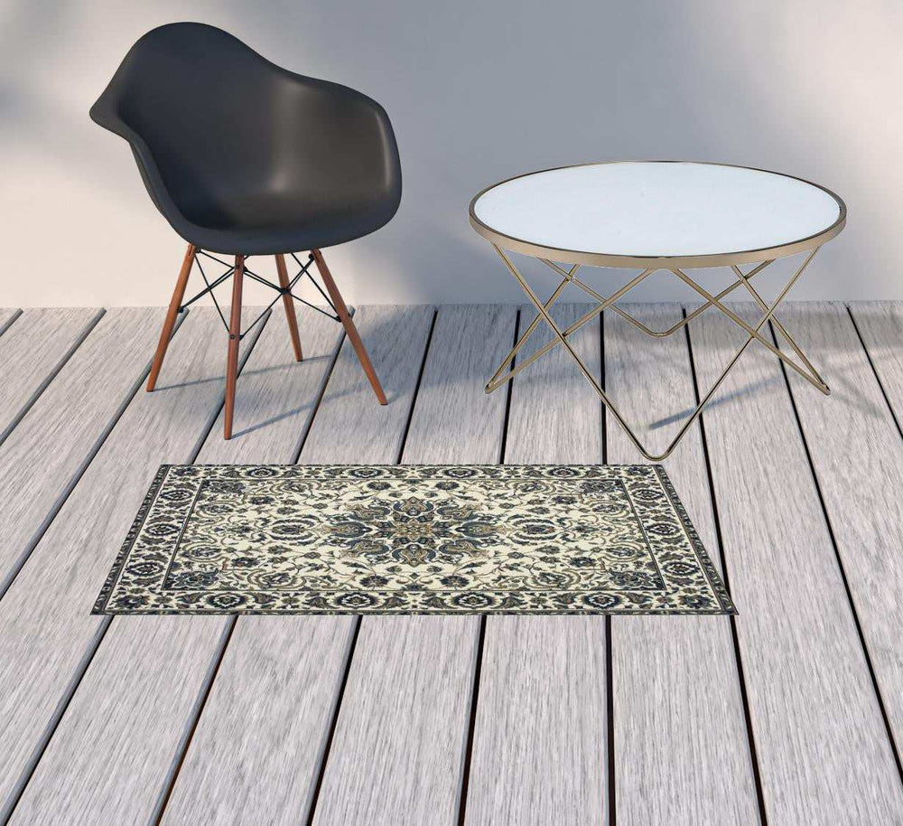 2' X 4' Ivory and Blue Oriental Stain Resistant Indoor Outdoor Area Rug - Homeroots - Flyclothing LLC