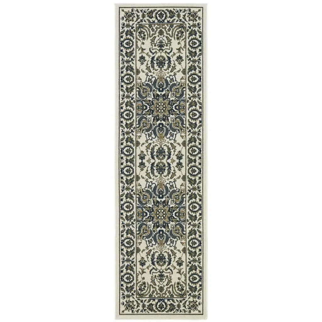 2' X 8' Ivory and Blue Oriental Stain Resistant Indoor Outdoor Area Rug - Homeroots - Flyclothing LLC
