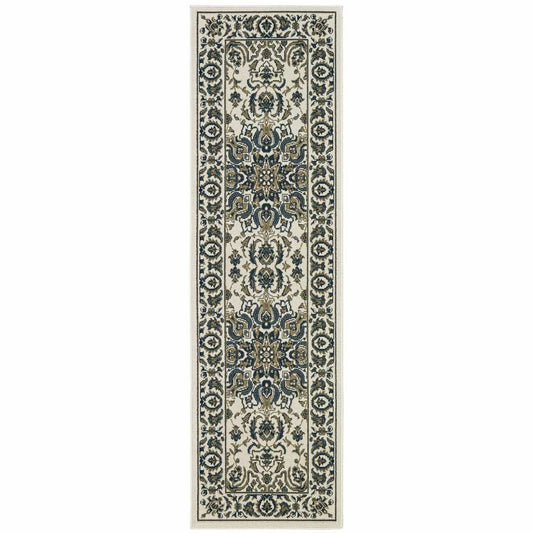2' X 8' Ivory and Blue Oriental Stain Resistant Indoor Outdoor Area Rug - Homeroots - Flyclothing LLC