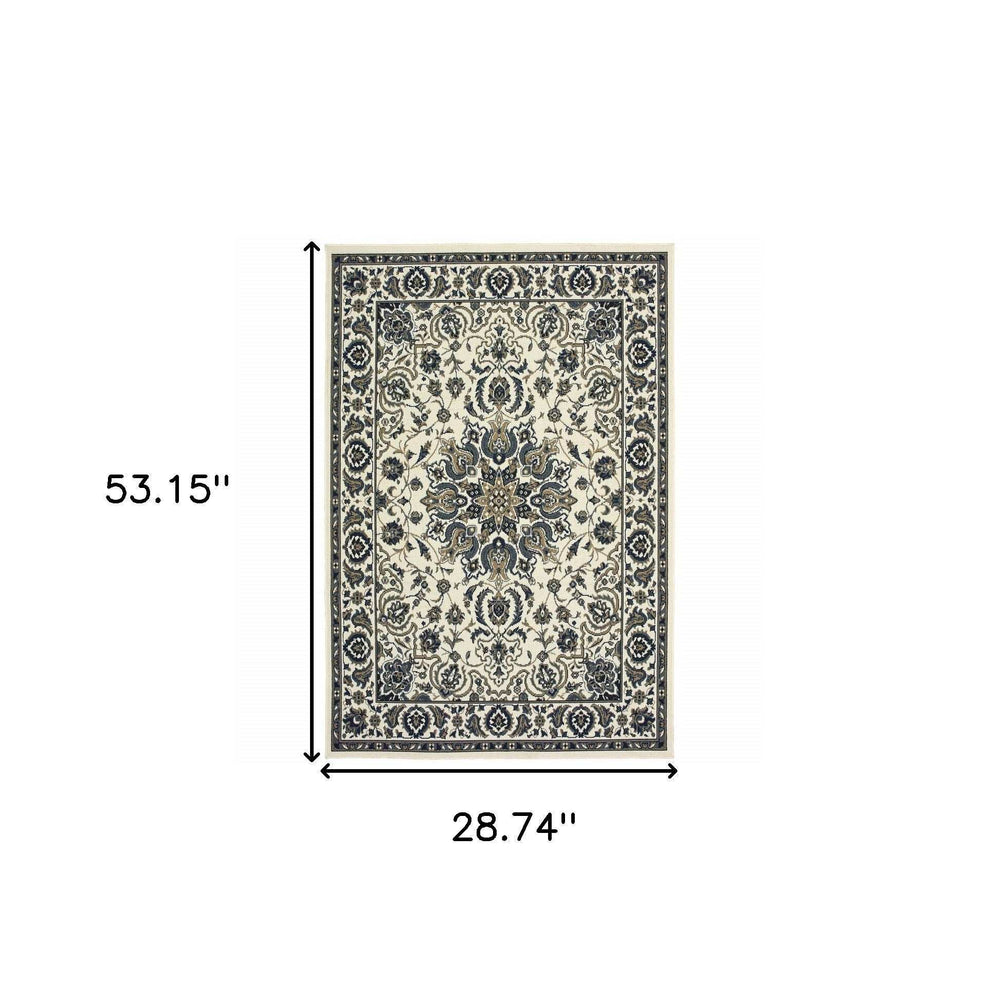 2' X 4' Ivory and Blue Oriental Stain Resistant Indoor Outdoor Area Rug - Homeroots - Flyclothing LLC