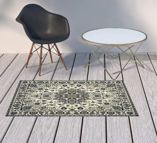 2' X 4' Ivory and Blue Oriental Stain Resistant Indoor Outdoor Area Rug - Homeroots - Flyclothing LLC
