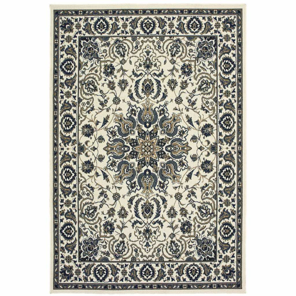 7' X 10' Ivory and Blue Oriental Stain Resistant Indoor Outdoor Area Rug - Homeroots - Flyclothing LLC