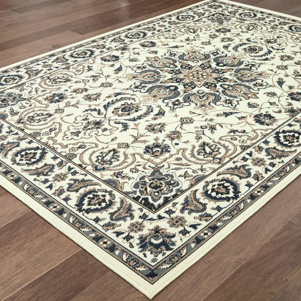 8' X 11' Ivory and Blue Oriental Stain Resistant Indoor Outdoor Area Rug - Homeroots - Flyclothing LLC
