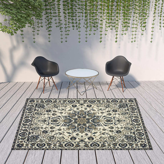 8' X 11' Ivory and Blue Oriental Stain Resistant Indoor Outdoor Area Rug - Homeroots - Flyclothing LLC
