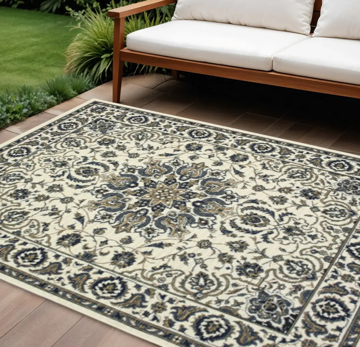 9' X 13' Ivory and Blue Oriental Stain Resistant Indoor Outdoor Area Rug - Homeroots - Flyclothing LLC