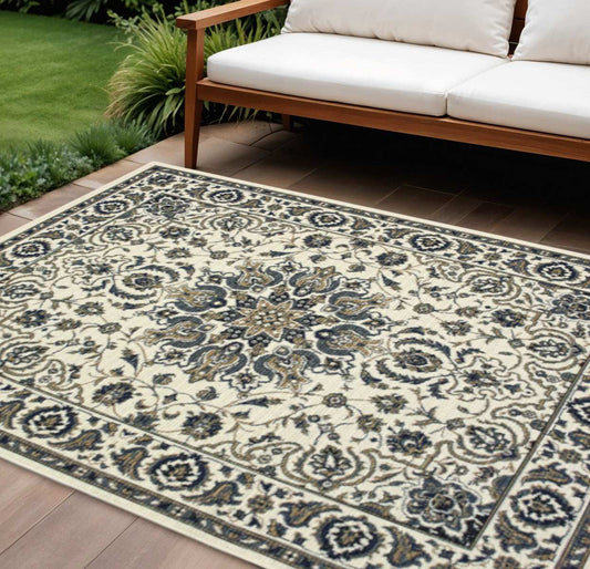 9' X 13' Ivory and Blue Oriental Stain Resistant Indoor Outdoor Area Rug - Homeroots - Flyclothing LLC