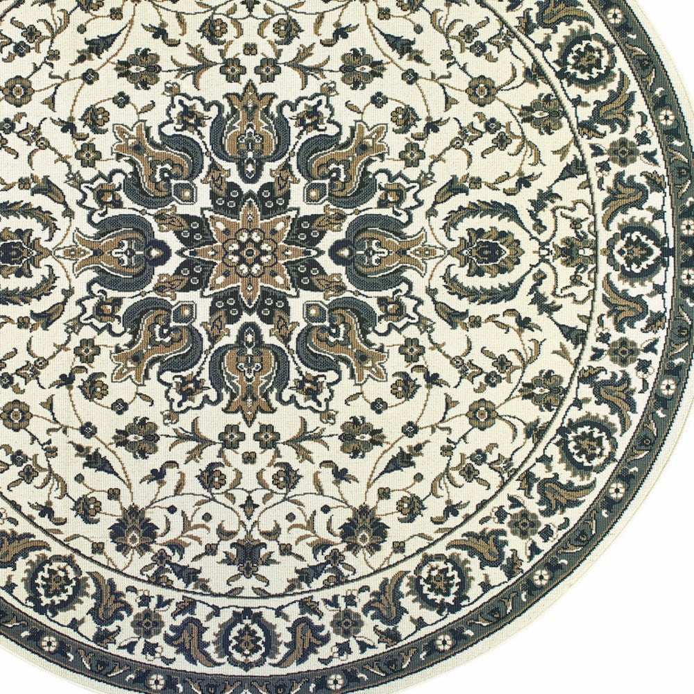 8' X 8' Ivory and Blue Round Oriental Stain Resistant Indoor Outdoor Area Rug - Homeroots - Flyclothing LLC